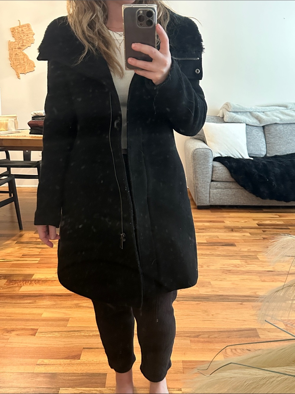 Club Monaco Black Wool-Blend Trench Coat with Fur Collar